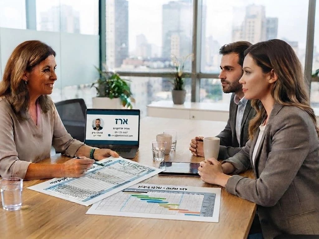 נציגת החברה מציגה ללקוחות הצעת מחיר מפורטת ולוח זמנים כתוב